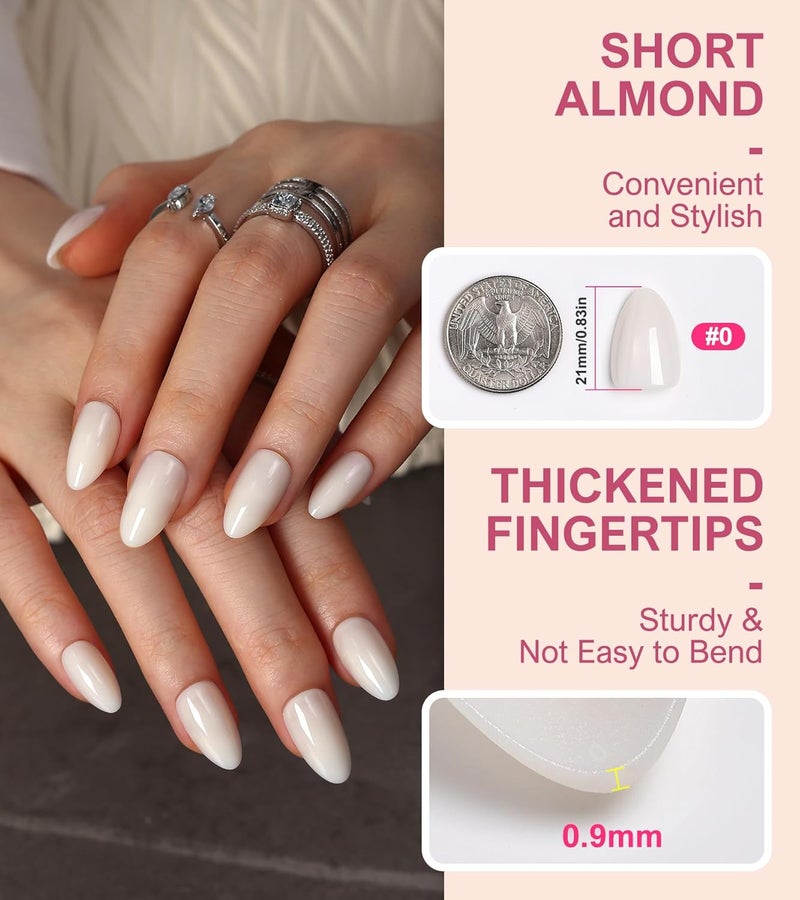 morily 30Pcs Press on Nails Almond, Milky White Fake Nails Short Glossy Acrylic False Nails Reusable Full Cover Stick on Nails for Women, 15 Sizes, Thicker Fingertips - Image 4